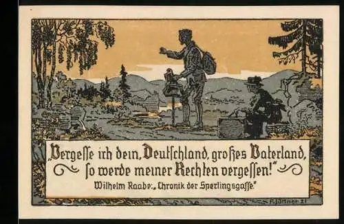Notgeld Eschershausen i. Br. 1921, 50 Pfennig, Ortsansicht, Wilhelm Raabe`s Geburtshaus, Raabeturm u. Denkmal, Gutschein
