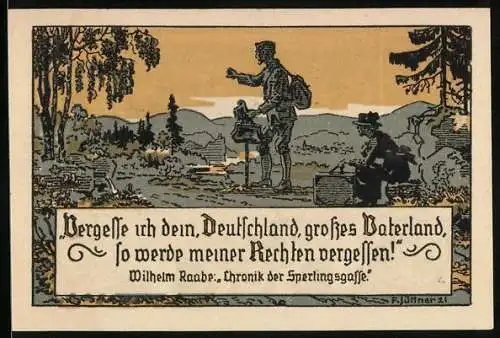 Notgeld Eschershausen i. Br. 1921, 50 Pfennig, Ortsansicht, Wilhelm Raabe`s Geburtshaus, Raabeturm u. Denkmal, Gutschein