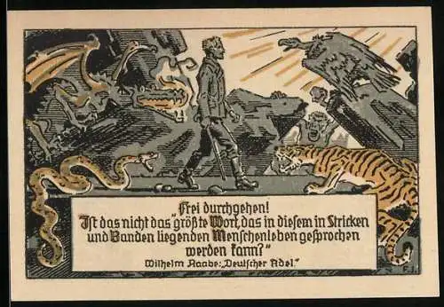 Notgeld Eschershausen i. Br. 1921, 10 Pfennig, Ortsansicht, Wilhelm Raabe`s Geburtshaus, Raabeturm u. Denkmal, Gutschein