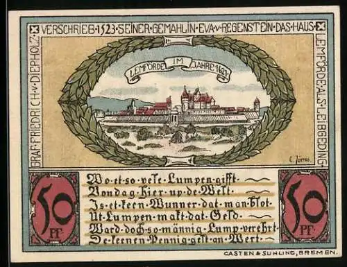 Notgeld Diepholz 1921, 50 Pfennig, Lemförde im Jahre 1621, Ritter und Wappen, Gutschein