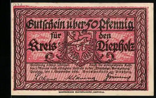 Notgeld Diepholz 1920, 50 Pfennig, Schloss zu Diepholz, Wappen, Gutschein