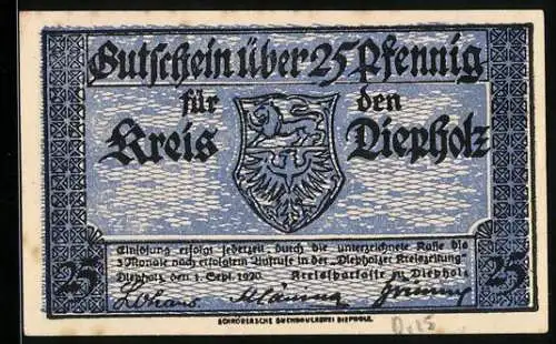 Notgeld Diepholz 1920, 25 Pfennig, Bauernkate und Wappen, Gutschein