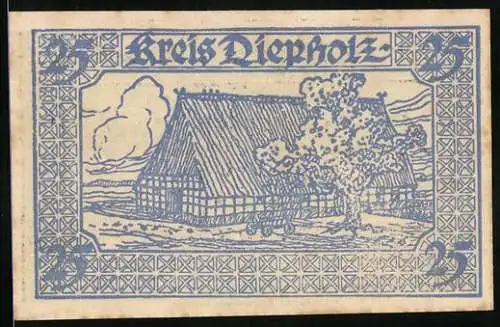 Notgeld Diepholz 1920, 25 Pfennig, Bauernkate und Wappen, Gutschein