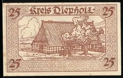 Notgeld Diepholz 1920, 25 Pfennig, Bauernkate und Wappen, Gutschein