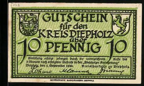 Notgeld Diepholz 1920, 10 Pfennig, Gänse auf der Weide, Wappen, Gutschein