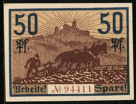 Notgeld Eisenach 1919, 50 Pfennig, Bauer bei der Feldarbeit, Gutschein