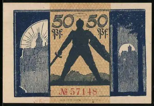 Notgeld Eisenach 1918, 50 Pfennig, Kämpfer mit Schwert und Schild, Gutschein