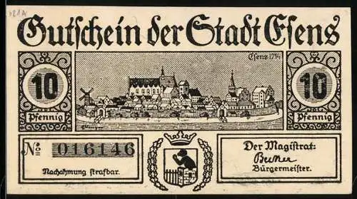 Notgeld Esens /Ostfriesland, 10 Pfennig, Esens im Jahre 1714, Gutschein