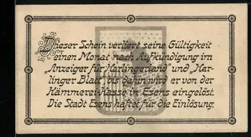 Notgeld Esens, 10 Pfennig, Wappen, Kühe auf der Weide, Ritter mit Banner Eala Freya Fresena