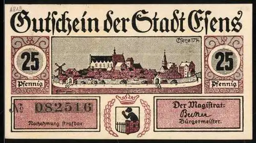 Notgeld Esens, 25 Pfennig, Esens im Jahre 1714, Wappen, Gutschein
