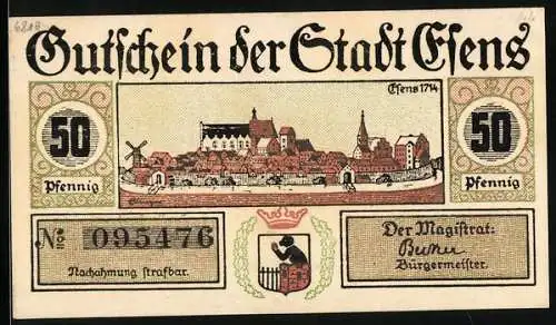 Notgeld Esens, 50 Pfennig, Esens im Jahre 1714, Wappen, Gutschein