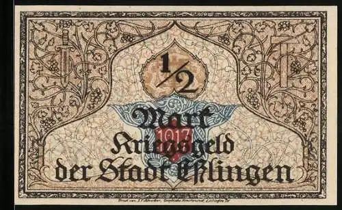 Notgeld Esslingen 1917, 50 Pfennig, Ortsansicht mit Kirche