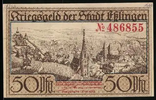 Notgeld Esslingen 1917, 50 Pfennig, Ortsansicht mit Kirche