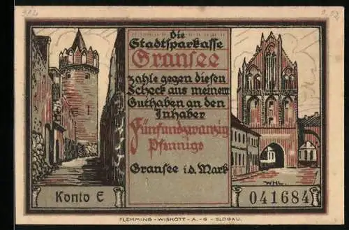 Notgeld Gransee i. d. Mark, 25 Pfennig, Ortspartie, Stadttor und Mann auf dem Turm