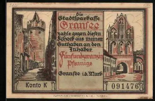 Notgeld Gransee i. d. Mark, 25 Pfennig, Ortspartie, Stadttor, Mann auf dem Turm