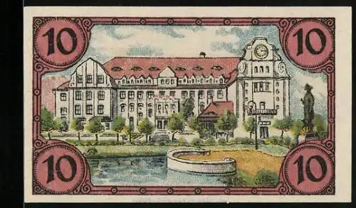 Notgeld Glogau 1920, 10 Pfennig, Schloss, Bauer auf dem Feld, Handwerker in der Werkstatt