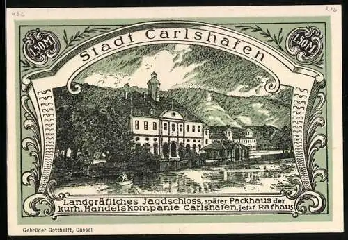 Notgeld Carlshafen, 1 Mark 50 Pfennig, Landgräfliches Jagdschloss, Bildnis Carl Landgraf zu Hessen, Wappen