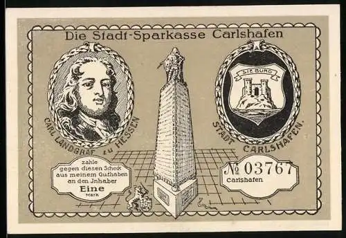 Notgeld Carlshafen, 1 Mark, Gradierwerke, Bildnis Carl Landgraf zu Hessen, Wappen