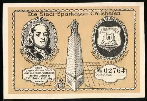 Notgeld Carlshafen, 75 Pfennig, Invalidenhaus erbaut 1706, Bildnis Carl Landgraf zu Hessen, Wappen