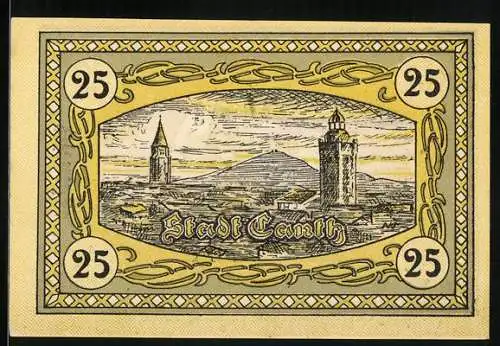 Notgeld Canth, 25 Pfennig, Ortsansicht mit Kirche, Wappen