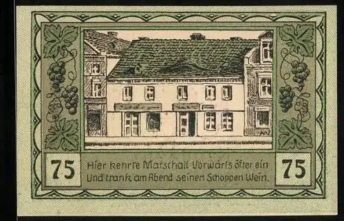 Notgeld Canth, 75 Pfennig, Gasthaus, in dem Marschall Vorwärts öfter einkehrte, Wappen