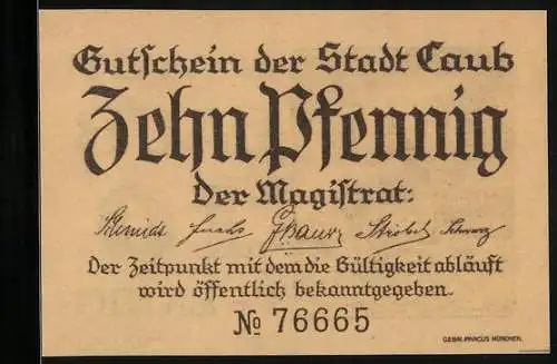 Notgeld Caub, 10 Pfennig, Rheinpartie mit Schloss, Gutschein