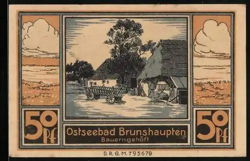 Notgeld Brunshaupten /Ostsee, 50 Pfennig, Bauerngehöft, Bäuerin beim Melken