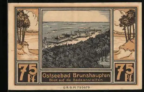 Notgeld Brunshaupten /Ostsee, 75 Pfennig, Blick auf die Badeanstalten, Bäuerin beim Melken