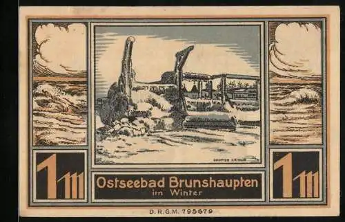 Notgeld Brunshaupten /Ostsee, 1 Mark, Ostseebad im Winter, Bäuerin beim Melken