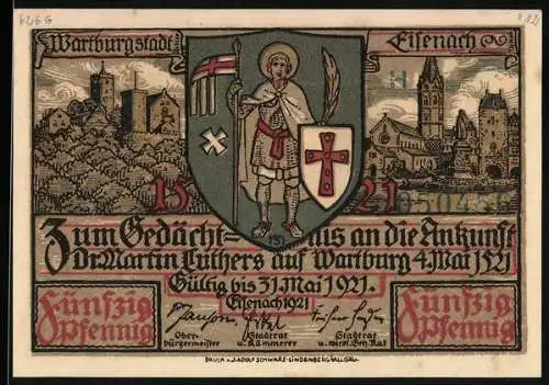 Notgeld Eisenach 1921, 50 Pfennig, Luthers Ankunft auf der Wartburg, Wappen und Wartburg