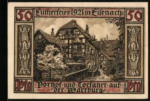 Notgeld Eisenach 1921, 50 Pfennig, Vorhof und Torfahrt auf der Wartburg, Wappen