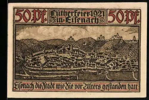 Notgeld Eisenach 1921, 50 Pfennig, Alte Stadtansicht von Eisenach, Wappen