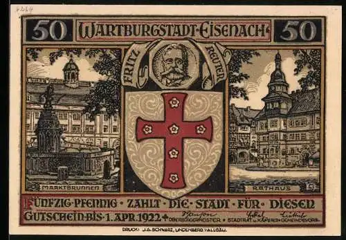 Notgeld Eisenach 1922, 50 Pfennig, Marktbrunnen, Rathaus und Heilige Elisabeth