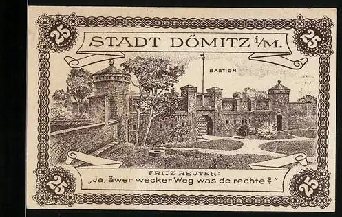 Notgeld Dömitz i. M. 1920, 25 Pfennig, Bastion, Gutschein