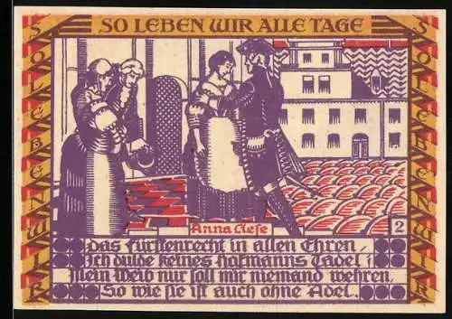 Notgeld Dessau 1921, 50 Pfennig, Adliger wirbt um eine Frau, Soldaten vor der Stadt, Gutschein