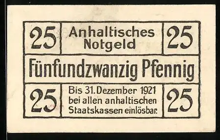 Notgeld Dessau 1920, 25 Pfennig, Signatur Anhaltische Finanzdirektion, Gutschein