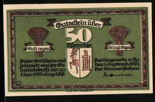 Notgeld Darlingerode a. H. 1921, 50 Pfennig, Wild im Gebirge, Wappen, Gutschein