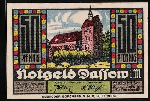 Notgeld Dassow i. M. 1922, 50 Pfennig, Kirche und Wappen