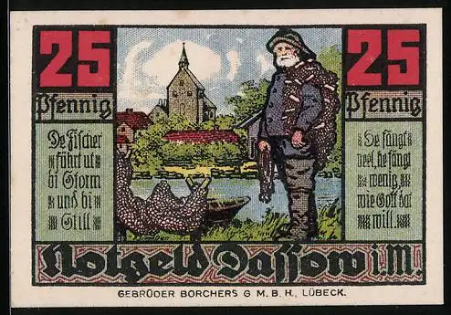 Notgeld Dassow i. M. 1922, 25 Pfennig, Fischer steht am Ufer, Blick zur Kirche