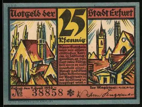 Notgeld Erfurt 1920, 25 Pfennig, Krämerbrücke und Aegidien-Kirche, Gutschein