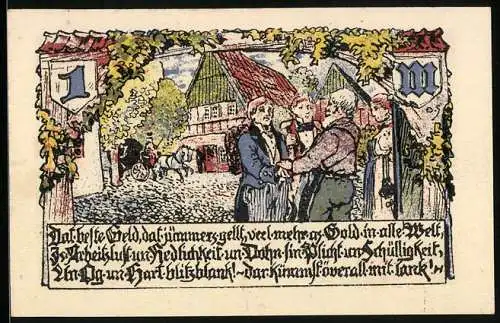 Notgeld Elmshorn 1923, 1 Mark, Panorama der Stadt, Mann verabschiedet zwei junge Männer