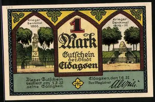 Notgeld Eldagsen 1921, 1 Mark, Kriegerdenkmal 1866 und 1870-71, Gutschein