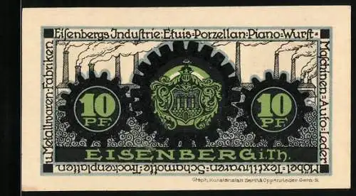 Notgeld Eisenberg, 10 Pfennig, Panorama mit Industrieanlagen, Wappen und Rathaus, Gutschein