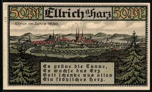 Notgeld Ellrich a. Harz 1921, 50 Pfennig, Ellrich im Jahre 1630, Wappen, Gutschein