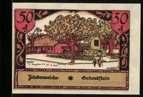 Notgeld Ellerbek, 50 Pfennig, Friedenseiche und Gedenkstein