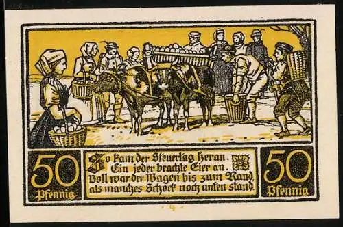 Notgeld Ditfurt 1921, 50 Pfennig, Bauern bringen Eier am Steuertag