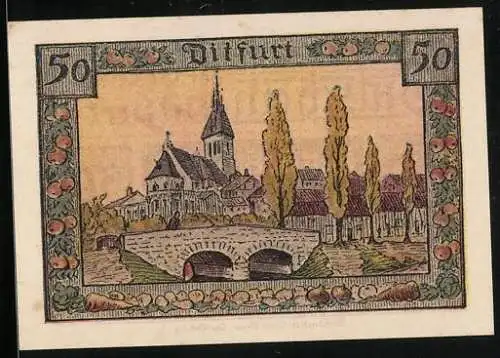 Notgeld Ditfurt 1921, 50 Pfennig, Blick zur Kirche