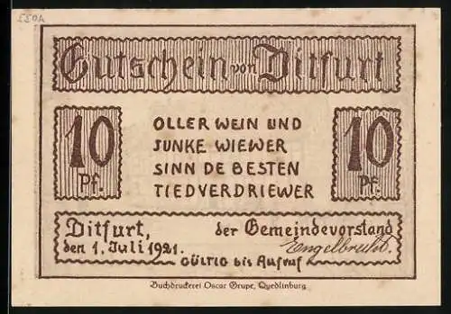 Notgeld Ditfurt 1921, 10 Pfennig, Rathaus und Spelhus vom Jahre 1330