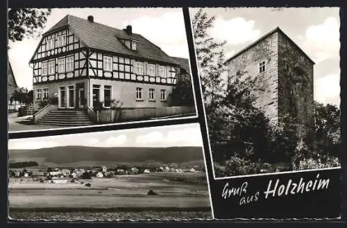 AK Holzheim / Haunetal, Fachwerkhaus, Turm, Ortsansicht