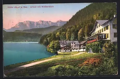 AK Urfeld / Bayern, Das Hotel Jäger am See gegen den Wetterstein